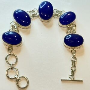 🆕 Genuine Blue Chalcedony Sterling Silver Bracelet – Oval Cabochons 🆕